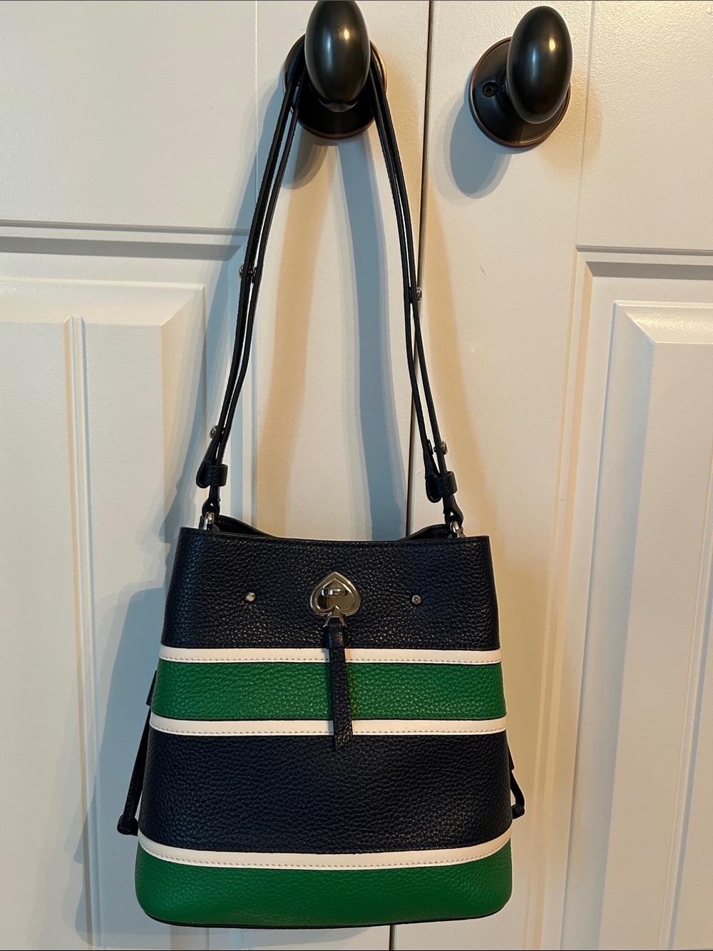 kate spade Navy, Green & White Striped Leather Shoulder Bag - Picture 2 of 8